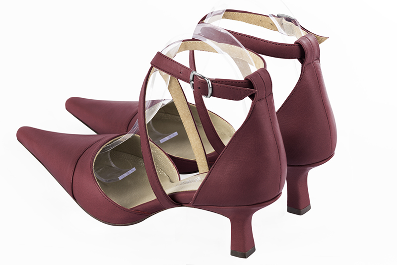 Burgundy red women's open side shoes, with crossed straps. Pointed toe. Medium spool heels. Rear view - Florence KOOIJMAN